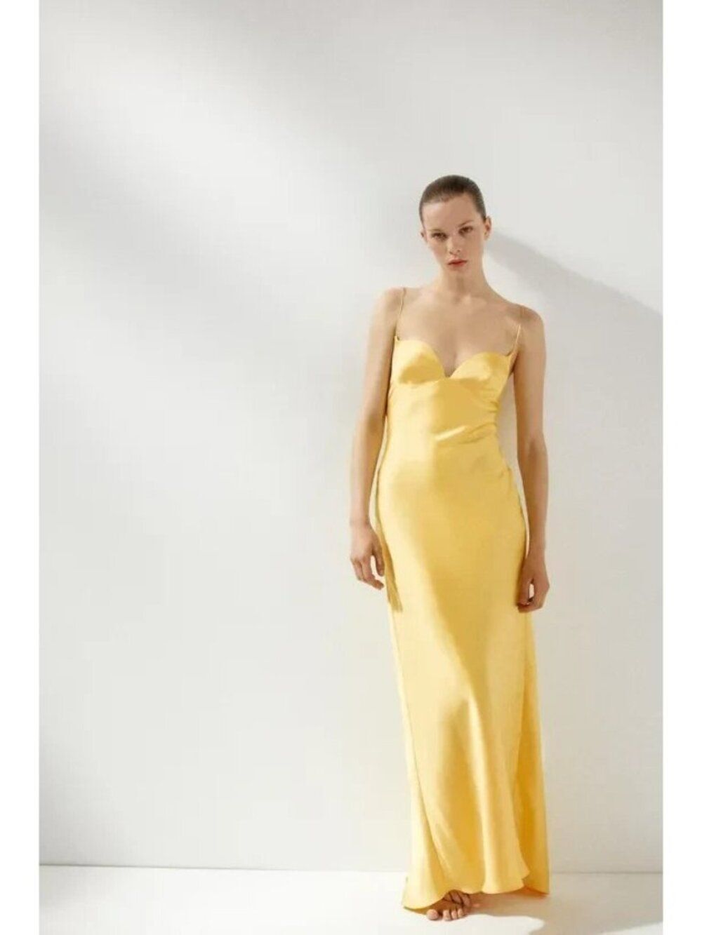 Zara Womens Maxi slip Dress Medium Yellow Satin Sweetheart Party 8032/351 NWT